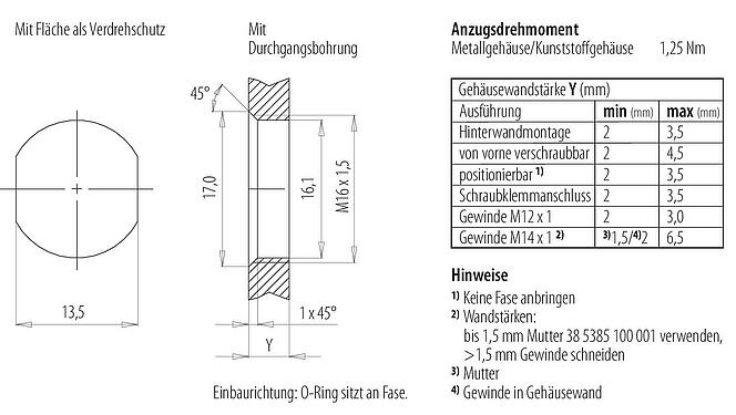 Montageanleitung / Montageausschnitt M12 Flanschdose, Polzahl: 4, geschirmt, mit Kabel konfektioniert, IP67, UL, M16x1,5, Profinet, PUR, grün, 2 x 2 x AWG 22, Frontmontage, 0,5 m