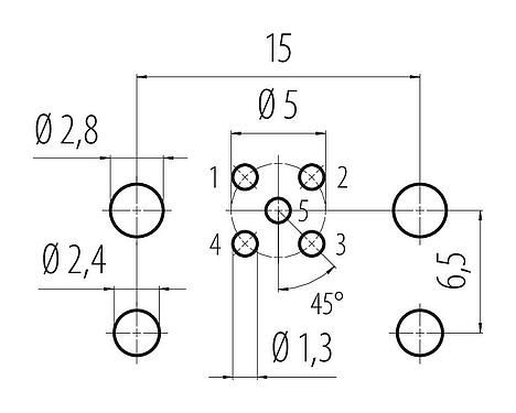 Lábkiosztás M12 panelre szerelhető foglalat, : 5, árnyékolatlan, THR, IP68, UL 2238, M12x1,0, elülső rögzítés, PCB szereléshez