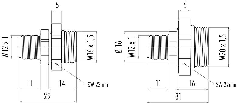 Schaaltekening 09 0439 397 04 - M12-A Male panel mount connector, aantal polen: 4, onafgeschermd, soldeer, IP67, M20x1,5