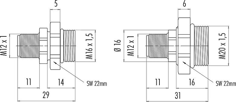 Scale drawing M12 Male panel mount connector, Contacts: 4, unshielded, solder, IP67, M20x1.5, Front mounting