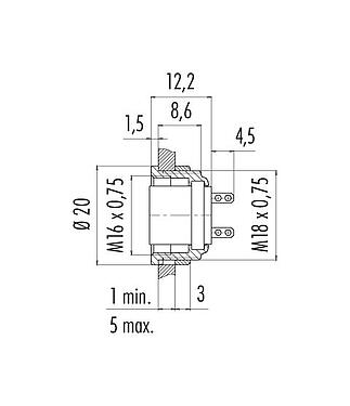 Scale drawing 09 0320 09 05 - M16 Female panel mount connector, Contacts: 5 (05-b), unshielded, solder, IP40