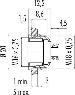 比例圖 M16 孔頭法蘭座, : 5 (05-b), 非遮罩, 焊接, IP40, M18x0,75, 板前安裝