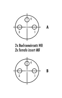 Contact arrangement (Plug-in side) 79 5232 33 04 - M8/M8 Twin distributors, Y-distributor, Contacts: 3, unshielded, moulded on the cable, IP68, UL 2238, PUR, black, 4 x 0.25 mm², with LED PNP, 2 m