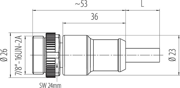 Schaaltekening 7/8" Kabelstekker, aantal polen: 5, onafgeschermd, aan de kabel aangegoten, IP68, UL 2238, PUR, zwart, 5 x 1,50 mm², 10 m