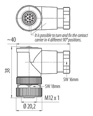 Schaaltekening M12 Female haakse connector, aantal polen: 12, 6,0-8,0 mm, onafgeschermd, soldeer, IP67, UL 2238