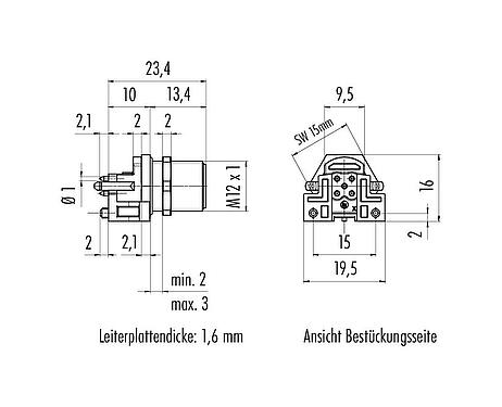 Maßzeichnung M12 Flanschstecker, Polzahl: 5, ungeschirmt, THR, IP68, UL 2238, M12x1,0, Rückwandmontage, für die Leiterplattenmontage
