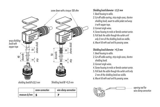 装配说明 99 1439 820 05 - M12 弯角针头电缆连接器, 极数: 5, 5.0-8.0mm, 可接屏蔽, 螺钉接线, IP67, UL