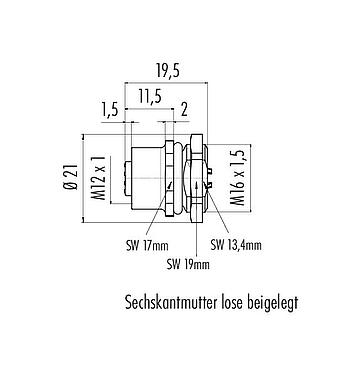 Maßzeichnung M12 Flanschdose, Polzahl: 4, ungeschirmt, löten, IP67, UL 2238, M16x1,5, Frontmontage