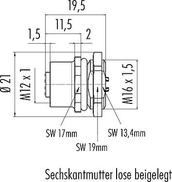 Maßzeichnung M12 Flanschdose, Polzahl: 8, ungeschirmt, löten, IP67, UL 2238, M16x1,5, Frontmontage
