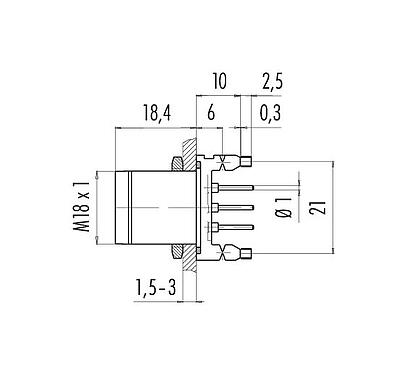 Scale drawing 09 0441 090 04 - M18 Male panel mount connector, Contacts: 4, unshielded, THT, IP67, UL, front fastened