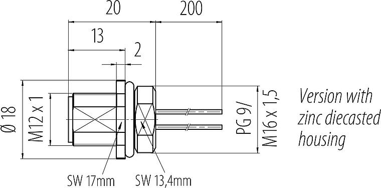 Rysunek z wymiarami M12 Złącze panelowe męskie, Kontaktów: 4, nieekranowany, pojedyncze przewody, IP68, UL 2238, M16x1,5, Montaż z przodu