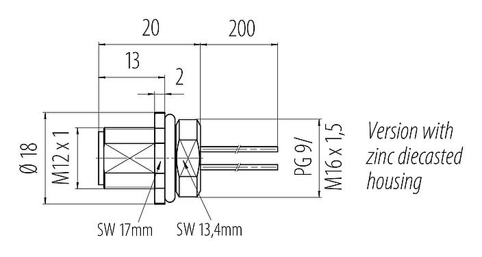 Dibujo a escala M12 Enchufe de brida, Número de contactos: 4, sin blindaje, hilos, IP68, UL 2238, M16x1,5, Montaje frontal