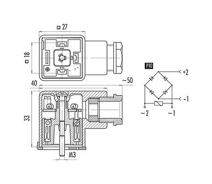 Dibujo a escala Conector hembra de potencia, Número de contactos: 2+PE, 6,0-8,0 mm, sin blindaje, tornillo extraíble, IP40 sin junta, PG 9, Circuito P10