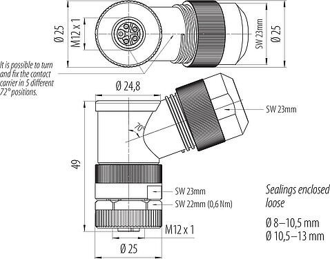 Schaaltekening M12 Female haakse connector, aantal polen: 4+PE, 8,0-13,0 mm, onafgeschermd, schroefklem, IP67, UL 2237 in voorbereiding, met PE-aansluiting