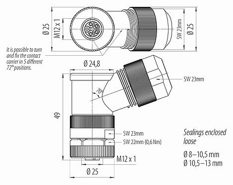 Schaaltekening M12 Female haakse connector, aantal polen: 4+PE, 8,0-13,0 mm, onafgeschermd, schroefklem, IP67, UL 2238