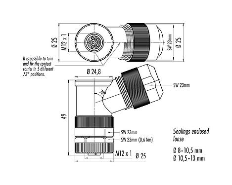 Scale drawing 99 0700 370 05 - M12 Female angled connector, Contacts: 4+PE, 8.0-13.0 mm, unshielded, screw clamp, IP67, UL 2237 in preparation, with PE connection
