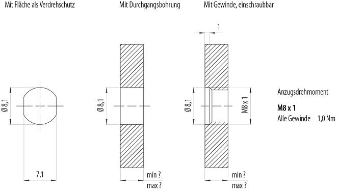 Montageanleitung / Montageausschnitt M8 Flanschstecker, Polzahl: 4, löten, IP67/IP69K, M10x0,75, Rückwandmontage, mit Lötkelchen
