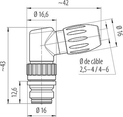 Dessin coté Snap-In Connecteur femelle coudé, Contacts: 8, 4,0-6,0 mm, non blindé, souder, IP67