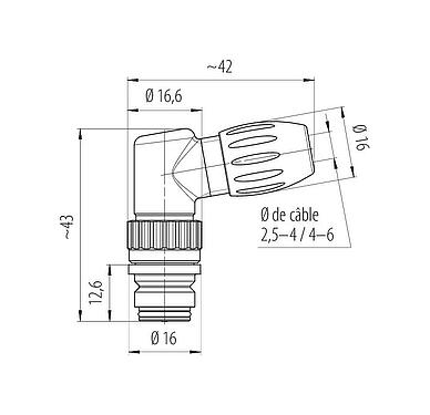 Dessin coté Snap-In Connecteur femelle coudé, Contacts: 12, 4,0-6,0 mm, non blindé, souder, IP67