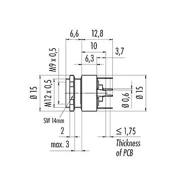 Disegno in scala M9 Connettore femmina a flangia, Numero poli: 8, schermabile, THT, IP67, M12x0,5, Montaggio su panello posteriore, modellato