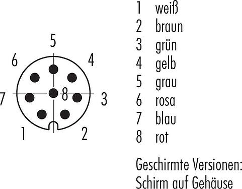 Polbild (Steckseite) M8 Kabelstecker, Polzahl: 8, geschirmt, am Kabel angespritzt, IP67, UL 2238, PVC, grau, 8 x 0,25 mm², 5 m
