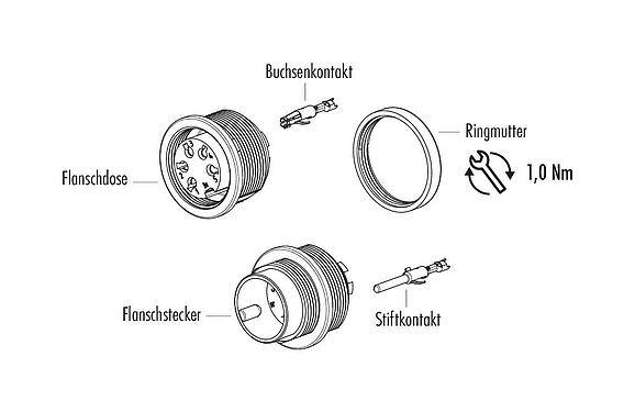 Einzelteildarstellung M16 Flanschdose, Polzahl: 8 (08-a), ungeschirmt, crimpen (Crimpkontakte müssen separat bestellt werden), IP40, M18x0,75, Frontmontage