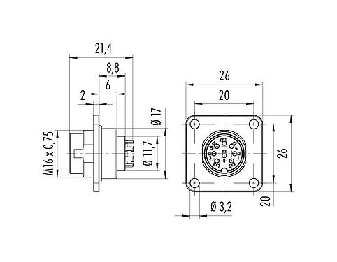 Dibujo a escala 09 0111 370 04 - M16 Conector de montaje en panel macho cuadrado, Número de contactos: 4 (04-a), sin blindaje, crimpado (los contactos de crimpado deben pedirse por separado), IP67, UL