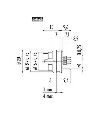 Dessin coté 09 0315 290 05 - M16 Embase mâle, Contacts: 5 (05-a), blindable, THT, IP40, Montage frontal