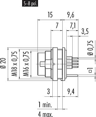 Scale drawing M16 Male panel mount connector, Contacts: 5 (05-a), shieldable, THT, IP40, M18x0,75, Rear mounting