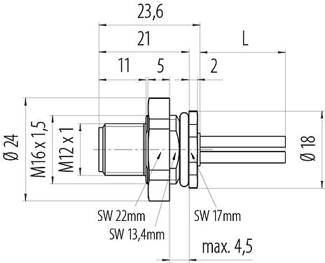 Maßzeichnung M12 Flanschstecker, Polzahl: 4, ungeschirmt, Litzen, IP68, UL 2238, M16x1,5, Rückwandmontage, vergossen
