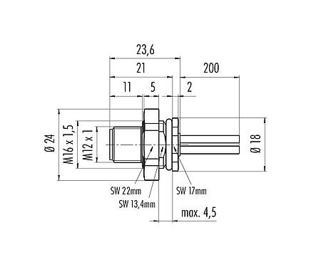 Scale drawing 09 0691 320 04 - M12 Male panel mount connector, Contacts: 3+PE, unshielded, single wires, IP68, UL, M16x1.5, front fastened