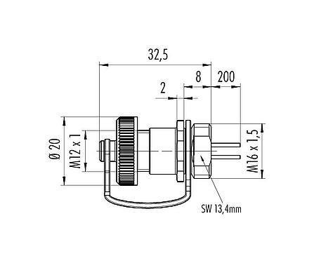 Dessin coté M12 Embase femelle, Contacts: 4, non blindé, fils, IP69K, M16x1,5, Montage frontal, pour les applications extérieures