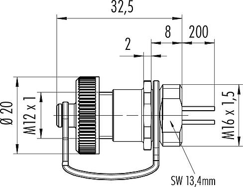 Dessin coté M12 Embase femelle, Contacts: 4, non blindé, fils, IP69K, M16x1,5, Montage frontal, pour les applications extérieures, résistant aux UV, coulé