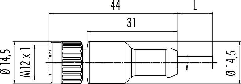 Disegno in scala M12 Connettore cavo femmina, Numero poli: 8, non schermato, stampato sul cavo, IP68/IP69K, UL 2238, PUR, nero, 8 x 0,25 mm², 2 m