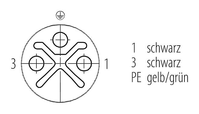 Polbild (Steckseite) M12 Kabeldose, Polzahl: 2+PE, ungeschirmt, am Kabel angespritzt, IP68, UL 2238, PUR, schwarz, 3 x 1,50 mm², 2 m