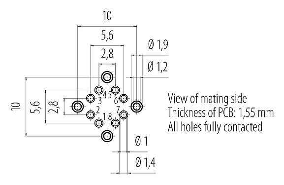 Conductor layout 09 3782 91 08 - M12 Female panel mount connector, Contacts: 8, shieldable, THT, IP67, UL, M16x1.5, Front mounting
