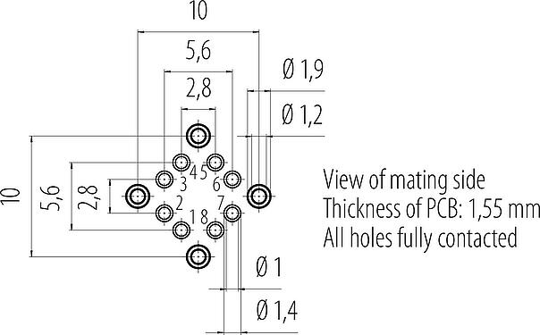 導體佈局 M12 孔頭法蘭座, : 8, 可接遮罩, THT, IP67, UL, M16x1.5, 後壁安裝