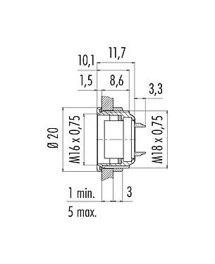 Scale drawing 09 0132 00 12 - M16 Female panel mount connector, Contacts: 12 (12-a), unshielded, solder, IP67, UL