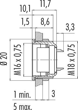 Skalritning M16 Flänsuttag, antal poler: 19 (19-a), oskärmad, lödning, IP67, UL 2238, M18x0,75, Frammontering
