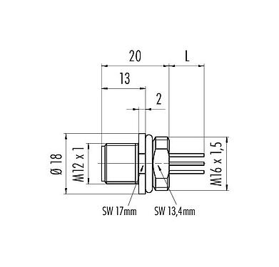 Scale drawing 76 4331 0111 00012-0200 - M12 Male panel mount connector, Contacts: 12, unshielded, single wires, IP67, UL, M16x1.5