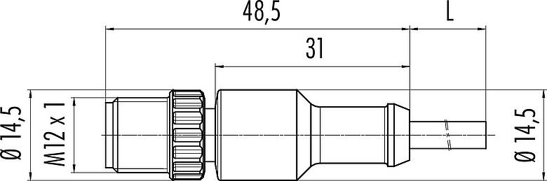 Dessin coté M12 Connecteur mâle, Contacts: 8, non blindé, surmoulé sur le câble, IP68/IP69K, UL 2238, PUR, noir, 8 x 0,25 mm², 5 m