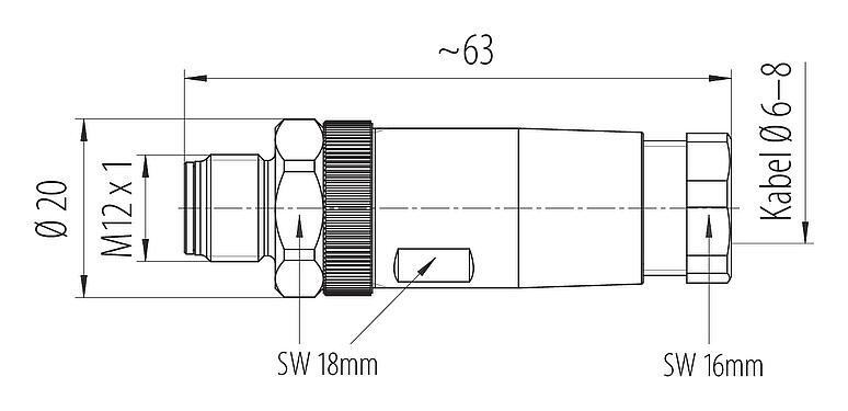 Disegno in scala M12 Connettore cavo maschio, Numero poli: 4, 8,0-10,0 mm, non schermato, morsetto a vite, IP67, Acciaio inox