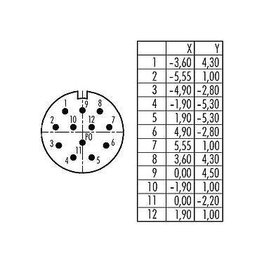 Polbild (Steckseite) 99 4627 10 12 - M23 Kupplungsstecker, Polzahl: 12, 6,0-10,0 mm, schirmbar, löten, IP67