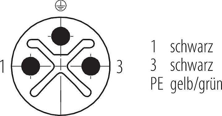 Polbild (Steckseite) M12 Kabelstecker, Polzahl: 2+PE, ungeschirmt, am Kabel angespritzt, IP68, UL 2238, PUR, schwarz, 3 x 1,50 mm², 5 m