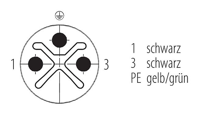 Polbild (Steckseite) M12 Verbindungsleitung Kabelstecker - Kabeldose, Polzahl: 2+PE, ungeschirmt, am Kabel angespritzt, IP68, UL 2238, PUR, schwarz, 3 x 1,50 mm², 2 m