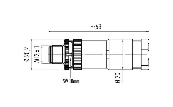 Desenho da escala 99 0437 142 05 - M12 Plugue de cabo duplo, Contatos: 5, 2 x Cabo Ø 2,1-3,0 mm ou Ø 4,0-5,0 mm, desprotegido, pinça de parafuso, IP67, UL