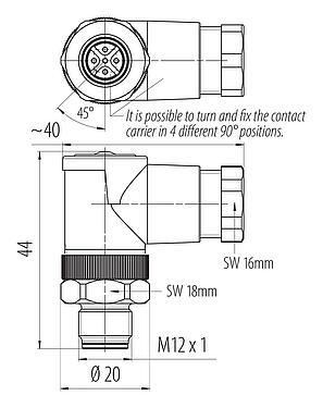Dessin coté M12 Connecteur mâle coudé, Contacts: 5, 6,0-8,0 mm, non blindé, pince à visser, IP67, UL 2238