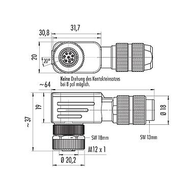 Maßzeichnung M12 Winkeldose, Polzahl: 8, 5,0-8,0 mm, schirmbar, schraubklemm, IP67, UL 2238, Irisfeder