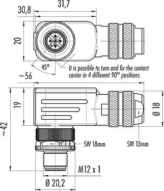 Scale drawing M12 Male angled connector, Contacts: 5, 6.0-8.0 mm, shieldable, wire clamp, IP67, with shielding ring