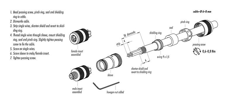 Assembly instructions M8 Female cable connector, Contacts: 4, 6.0-8.0 mm, shieldable, screw clamp, IP67, UL 2238, with shielding ring